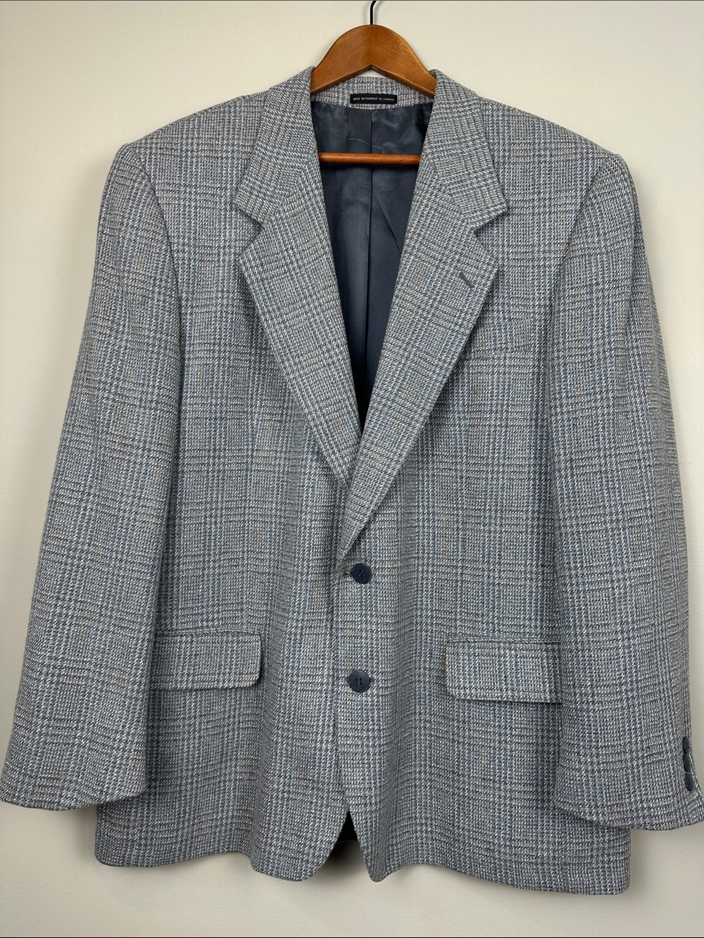 Vintage Wool Tweed woven in England men’s plaid blazer made in Canada blue